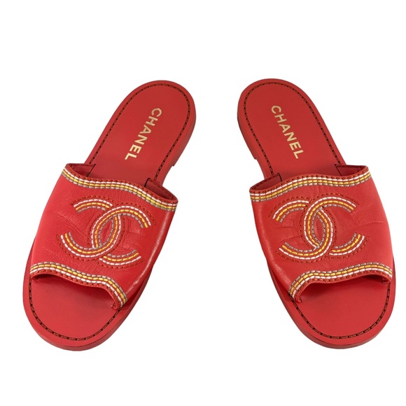CHANEL Orange Leather Interlocking CC Stitching Women's Slides Sandals 36 - 6US - Picture 1 of 12